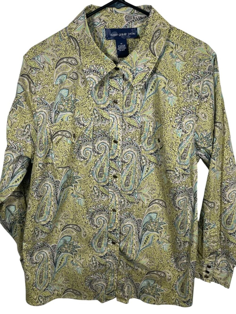 Susan Graver Style Paisley Shirt Womens 1X Yellow Green Pearl Snap L/S NWT QVC